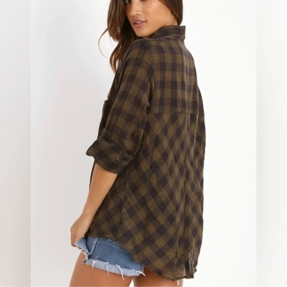 Free People Lace Up Plaid Navy Combo